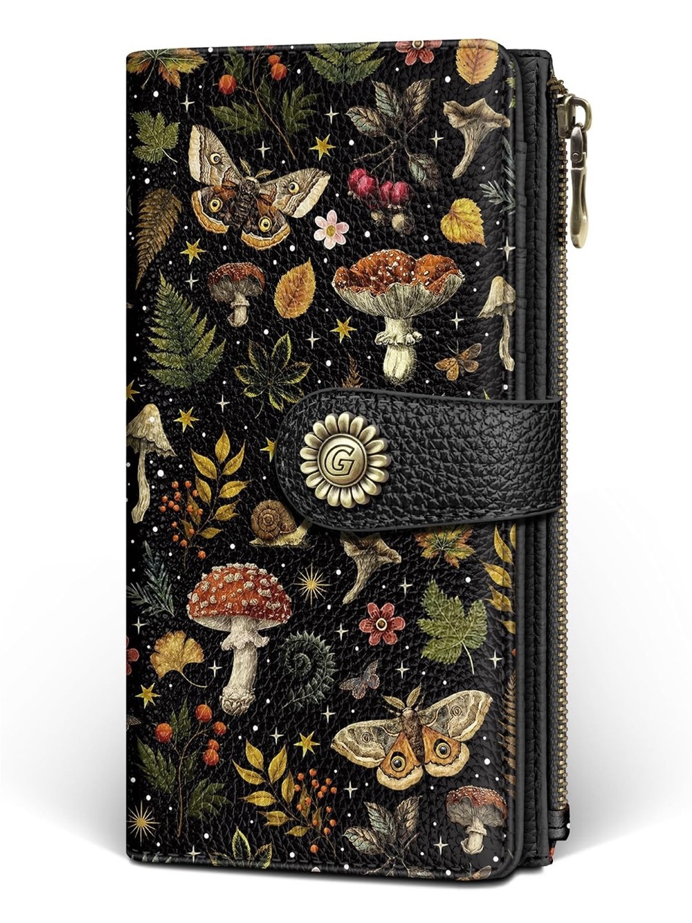 Floral Mushroom Black Leather Phone Wallet with Snap Closure